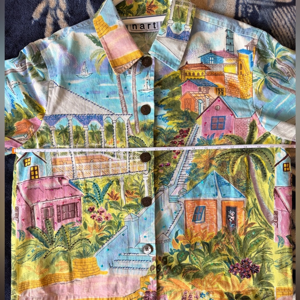Keren Hart Colorful Scenic Village Print Button Jacket Women’s Large - Picture 6 of 9
